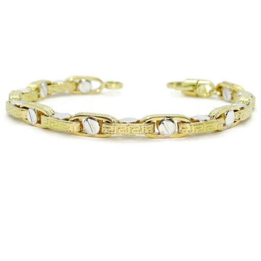 Pulsera para hombre de oro amarillo y oro blanco de 18k con cadena forzada con greca y detalle de tornillo. 12.20gr - Imagen 7