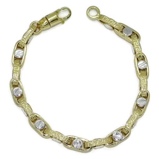 Pulsera para hombre de oro amarillo y oro blanco de 18k con cadena forzada con greca y detalle de tornillo. 12.20gr