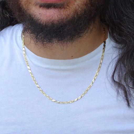 Cadena de oro macizo amarillo y oro blanco de 18k para hombre modelo ojo de tigre y eslabón plano de 4.00mm de ancha y 60cm de larga. 20.05gr - Imagen 2