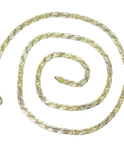 Cadena de oro macizo amarillo y oro blanco de 18k para hombre modelo ojo de tigre y eslabón plano de 4.00mm de ancha y 60cm de larga. 20.05gr