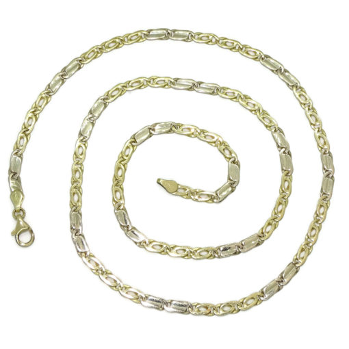 Cadena de oro macizo amarillo y oro blanco de 18k para hombre modelo ojo de tigre y eslabón plano de 4.00mm de ancha y 60cm de larga. 20.05gr