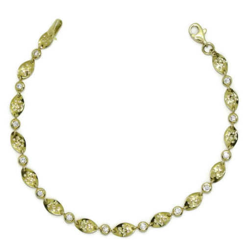 Pulsera de oro amarillo de 18k para mujer con circonitas engastadas en chatones redondos de 3mm y eslabones calados ondulados