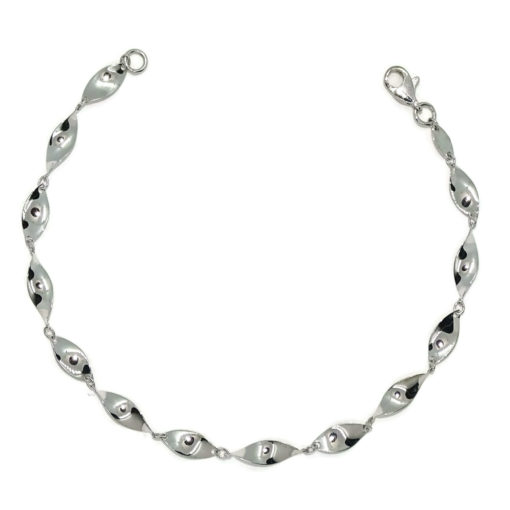Pulsera de oro blanco de 18k para mujer de eslabones rizados con cuerpo de 19.00cm de larga y 4.00 mm de ancha. Cierre mosquetón. Peso, 2.60 gr de oro de 18K.