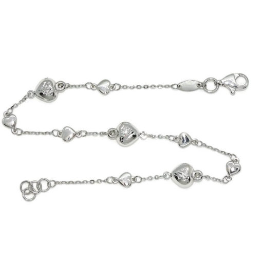 Pulsera de oro blanco de 18k para mujer con cadena forzada picada y corazones de 2 tamaños. - Imagen 7