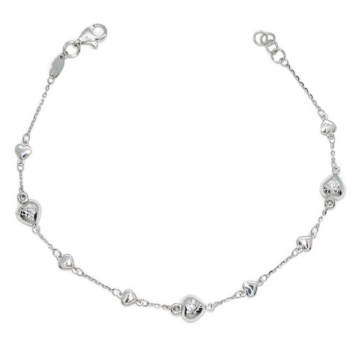 Pulsera de oro blanco de 18k para mujer con cadena forzada picada y corazones de 2 tamaños. - Imagen 3