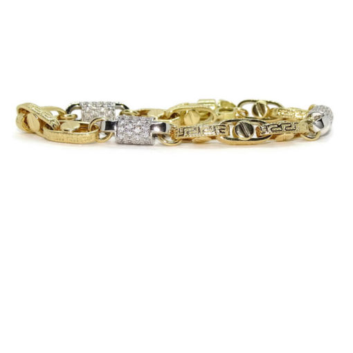 Pulsera grande para hombre de oro amarillo y oro blanco de 18k con circonitas y cadena forzada con greca y detalle de tornillo. 19.60gr. - Imagen 3