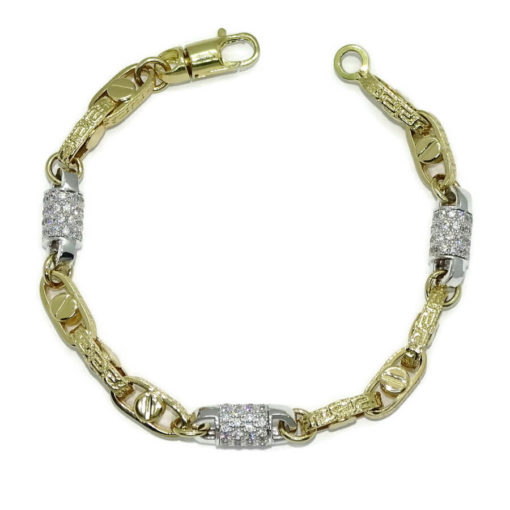 Pulsera grande para hombre de oro amarillo y oro blanco de 18k con circonitas y cadena forzada con greca y detalle de tornillo. 19.60gr.