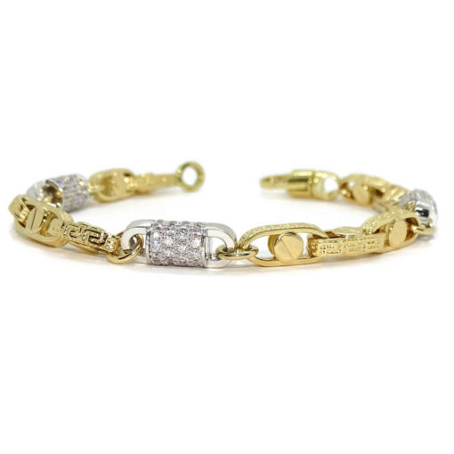 Pulsera grande para hombre de oro amarillo y oro blanco de 18k con circonitas y cadena forzada con greca y detalle de tornillo. 19.60gr. - Imagen 5