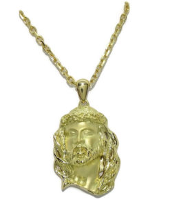 Cara de Cristo mediana de oro amarillo de 18k con cadena forzada maciza de 60cm de largo. Peso: 23.45 de oro de 18k