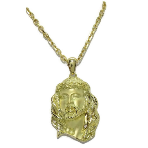 Cara de Cristo mediana de oro amarillo de 18k con cadena forzada maciza de 60cm de largo. Peso: 23.45 de oro de 18k
