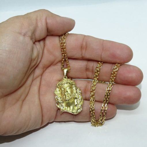 Cara de Cristo mediana de oro amarillo de 18k con cadena forzada maciza de 60cm de largo. Peso: 23.45 de oro de 18k - Imagen 3