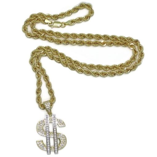 Collar de oro amarillo de 18k para hombre con símbolo del dólar y circonitas y cordón grande de 60.00cm. 28.05 gr de oro de 18k - Imagen 3