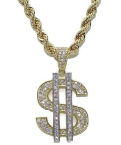 Collar de oro amarillo de 18k para hombre con símbolo del dólar y circonitas y cordón grande de 60.00cm. 28.05 gr de oro de 18k