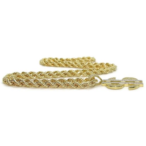 Collar de oro amarillo de 18k para hombre con símbolo del dólar y circonitas y cordón grande de 60.00cm. 28.05 gr de oro de 18k - Imagen 5