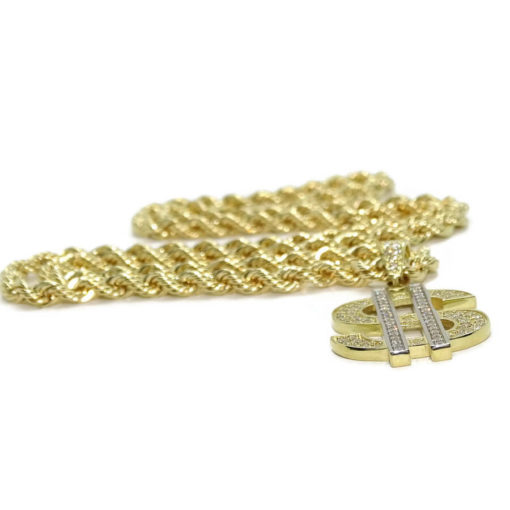 Collar de oro amarillo de 18k para hombre con símbolo del dólar y circonitas y cordón grande de 60.00cm. 28.05 gr de oro de 18k - Imagen 6