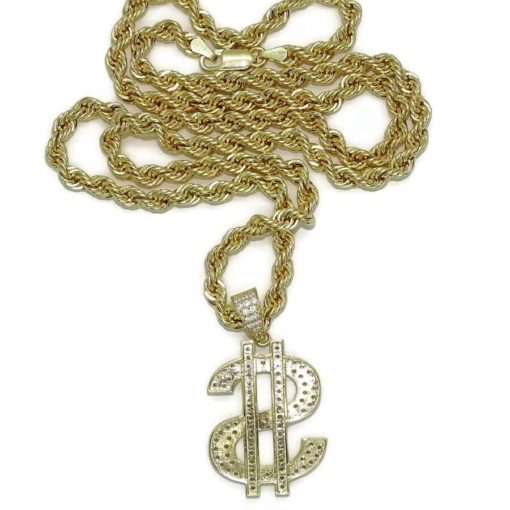 Collar de oro amarillo de 18k para hombre con símbolo del dólar y circonitas y cordón grande de 60.00cm. 28.05 gr de oro de 18k - Imagen 7