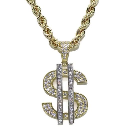 Collar de oro amarillo de 18k para hombre con símbolo del dólar y circonitas y cordón grande de 60.00cm. 28.05 gr de oro de 18k