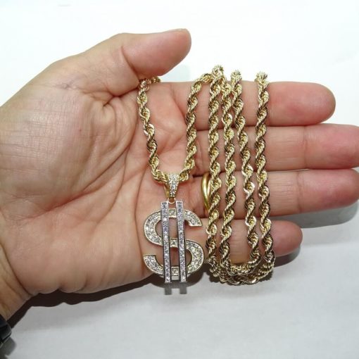 Collar de oro amarillo de 18k para hombre con símbolo del dólar y circonitas y cordón grande de 60.00cm. 28.05 gr de oro de 18k - Imagen 4