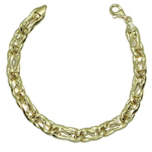 Pulsera de oro amarillo de 18k para hombre modelo doble barbada hueca 3x1 plana de 8.00mm de ancha, grande y aparente. 22.00cm de larga.