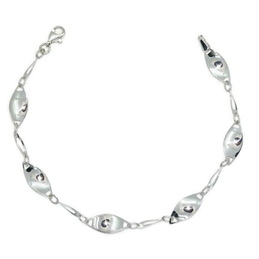 Pulsera de oro blanco de 18k para mujer de eslabones ovalados con cuerpo y calados. 3.50gr
