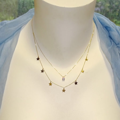 Collar Doble de Oro Amarillo de 18k con Cadena Mini Forzada y 7 estrellas con circonita central. 45cm - Imagen 2