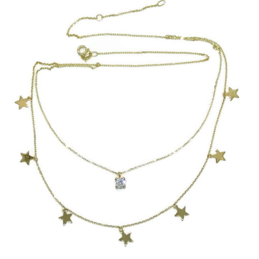 Collar Doble de Oro Amarillo de 18k con Cadena Mini Forzada y 7 estrellas con circonita central. 45cm - Imagen 5