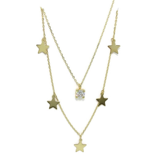 Collar Doble de Oro Amarillo de 18k con Cadena Mini Forzada y 7 estrellas con circonita central. 45cm - Imagen 7