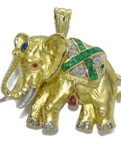 Elefante de oro amarillo de 18k con diamantes y piedras preciosas.