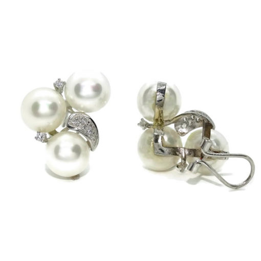 Grandes y clásicos pendientes para mujer de oro blanco de 18k con circonitas y 6 perlas cultivadas - Imagen 7