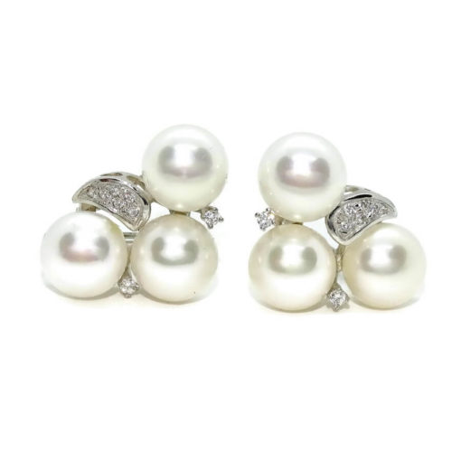 Grandes y clásicos pendientes para mujer de oro blanco de 18k con circonitas y 6 perlas cultivadas - Imagen 3