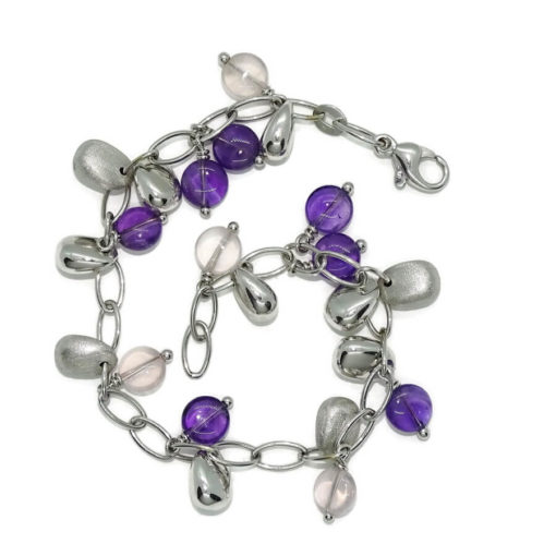 Pulsera de oro blanco de 18k con 11 amatistas , 4 ópalos rosas y 11 pepitas de oro. - Imagen 3