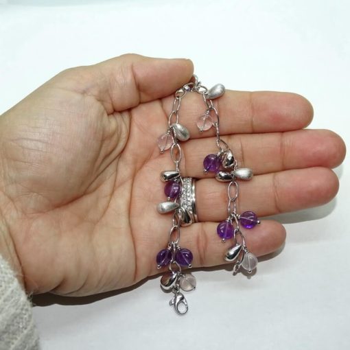 Pulsera de oro blanco de 18k con 11 amatistas , 4 ópalos rosas y 11 pepitas de oro. - Imagen 4