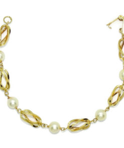 Preciosa, elegante y clásica pulsera de oro amarillo de 18K con 5 perlas cultivadas de 7.00 mm y pulsera tipo reja/jaula unida a mano.