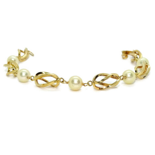 Preciosa, elegante y clásica pulsera de oro amarillo de 18K con 5 perlas cultivadas de 7.00 mm y pulsera tipo reja/jaula unida a mano. - Imagen 3