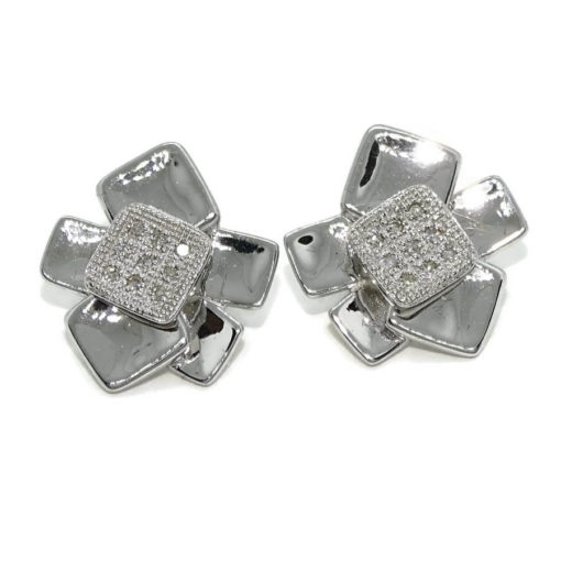 Estilosos y modernos pendientes de oro blanco de 18k con 9 diamantes auténticos talla brillante que suman 0.10cts