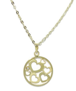 Collar de corazones de oro amarillo de 18k con una circonita y cadena modelo forzada picada