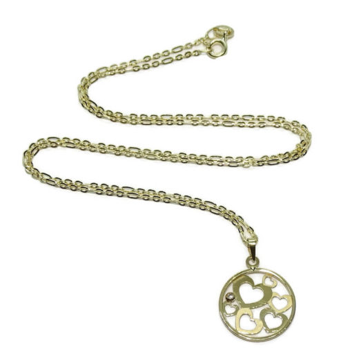 Collar de corazones de oro amarillo de 18k con una circonita y cadena modelo forzada picada - Imagen 5