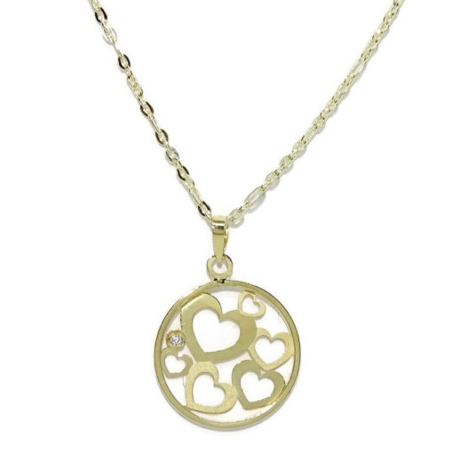 Collar de corazones de oro amarillo de 18k con una circonita y cadena modelo forzada picada