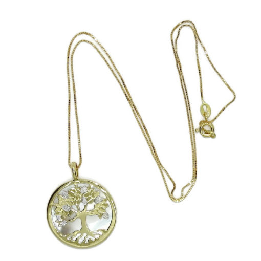 Collar con motivo de 23.00 mm de diámetro de árbol de la vida de oro de 18k con nácar y cadena veneciana de 45cm. - Imagen 3