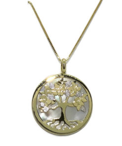 Collar con motivo de 23.00 mm de diámetro de árbol de la vida de oro de 18k con nácar y cadena veneciana de 45cm.