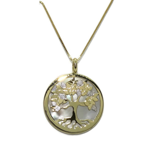 Collar con motivo de 23.00 mm de diámetro de árbol de la vida de oro de 18k con nácar y cadena veneciana de 45cm.