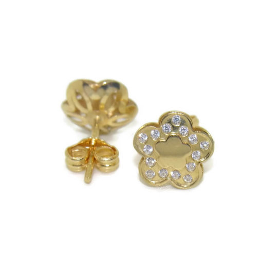 Pendientes flor de oro amarillo brillo de 18ktes con 30 circonitas de la mejor calidad. Cierre presion 0.8cm de alto por 0.8cm de ancho - Imagen 4