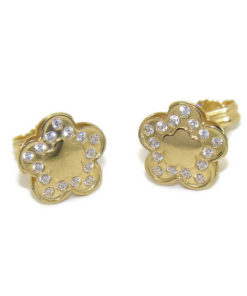Pendientes flor de oro amarillo brillo de 18ktes con 30 circonitas de la mejor calidad. Cierre presion 0.8cm de alto por 0.8cm de ancho