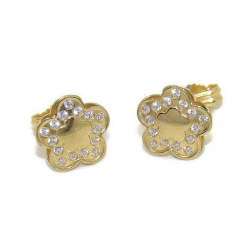 Pendientes flor de oro amarillo brillo de 18ktes con 30 circonitas de la mejor calidad. Cierre presion 0.8cm de alto por 0.8cm de ancho