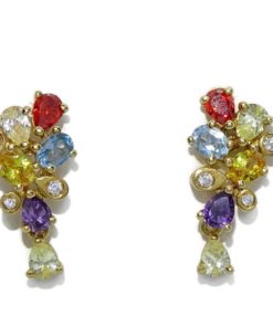 Alegres y brillantes pendientes de oro amarillo de 18K con 12 piedras de color y 6 circonitas blancas.