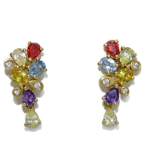 Alegres y brillantes pendientes de oro amarillo de 18K con 12 piedras de color y 6 circonitas blancas.