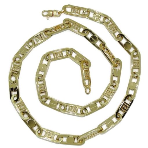Collar de moda para hombre y mujer de Oro Amarillo de 18k de eslabón tipo forzado uno con tornillo y uno con greca de 8.00 mm de ancho. 60.00cm de Largo.