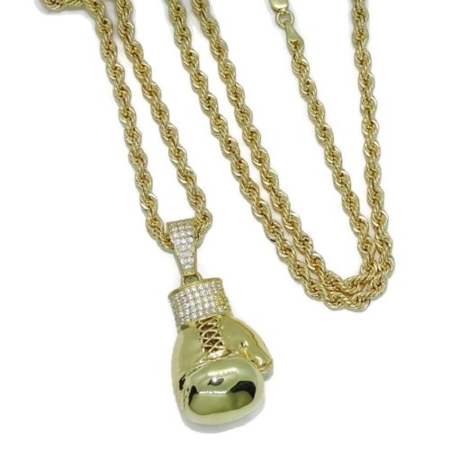 Collar de oro para hombre con guante de oro de boxeo y cordón.