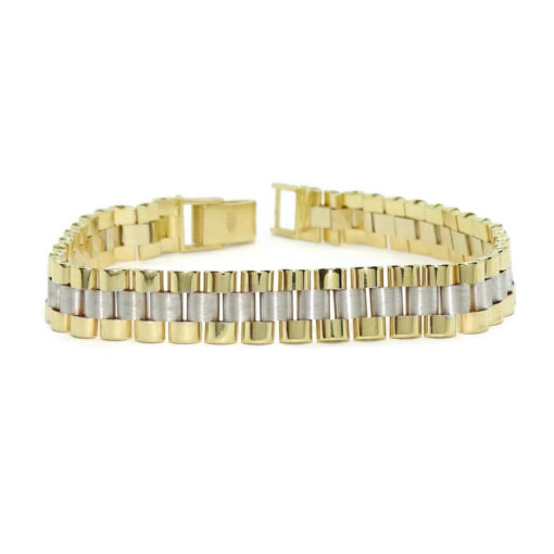 Pulsera para hombre de oro amarillo y oro blanco mate y brillo de 18k tipo malla italiana semi-rígida