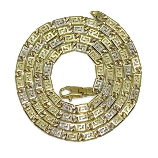 Impresionante y original cadena de oro macizo de 18k blanco y amarillo, de 4.00 de ancha y 60.00cm de larga. Cierre mosquetón. Peso: 30.40 gr de oro de 18k.